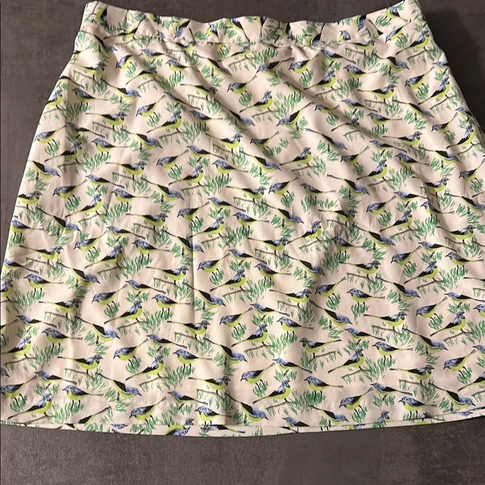 Eloquii Cream Mini Skirt with Green and Blue Bird Motif